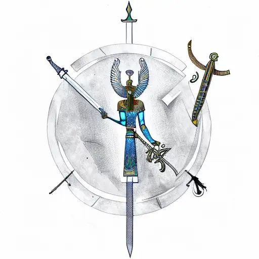 A Depiction Of An Egyptian God With A Sword And Dagger In A Sketch Style