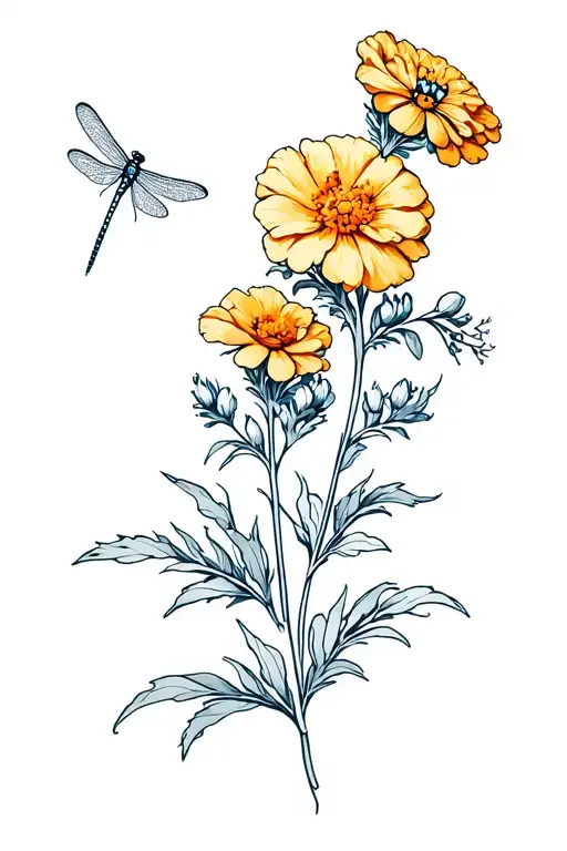 Larkspur And Marigold Flower With Dragonfly Flying