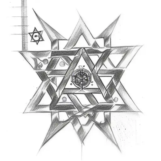 A Sketch-style Tattoo Of The Star Of David With Gears And Mechanical Elements