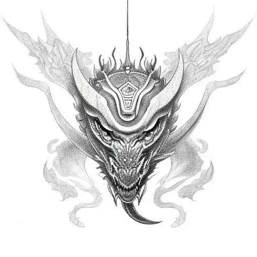 An Intricate Tattoo Combining A Dragon And A Samurai Helmet