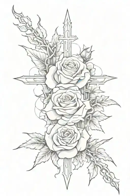 Rose With Crown Of Thorns And Three Crosses Surrounded By Clouds