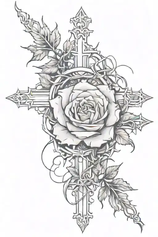 Rose With Crown Of Thorns And Three Crosses Surrounded By Clouds