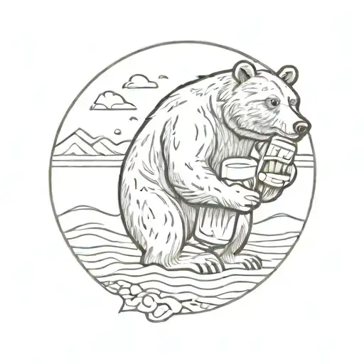 A Sketch Tattoo Of A Bear Drinking A Beer On The Beach At Sunrise