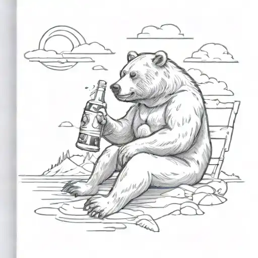 A Sketch Tattoo Of A Bear Sitting On The Beach At Sunrise Drinking A Beer