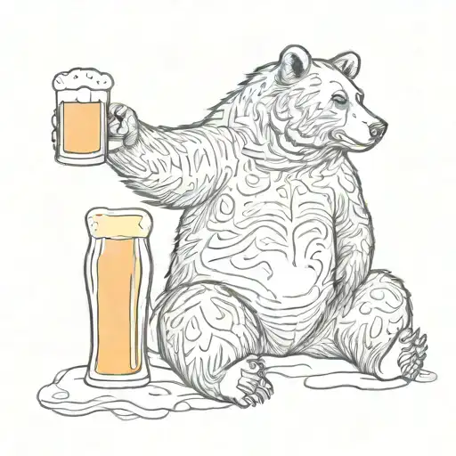 A Sketch Tattoo Of A Bear Sitting On The Beach At Sunrise Drinking A Beer And Make The Beer Colorful
