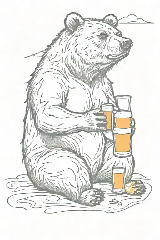 A Sketch Tattoo Of A Bear Sitting On The Beach At Sunrise Drinking Beer