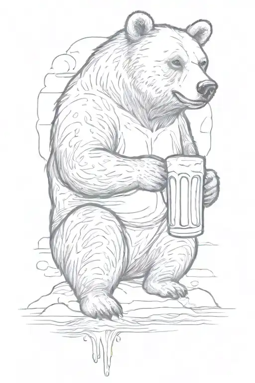 A Sketch Tattoo Of A Bear Sitting On The Beach At Sunrise Drinking Beer