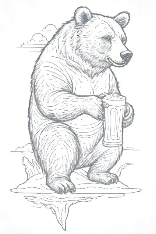 A Sketch Tattoo Of A Bear Sitting On The Beach At Sunrise Drinking Beer And Make It Colorful