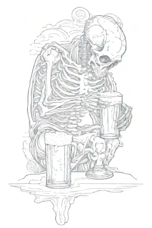 A Sketch Tattoo Of A Skeleton And A Man Drinking Beer Together On The Beach