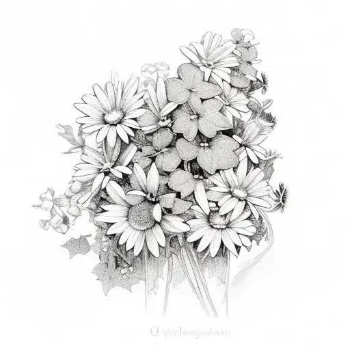 Flowers Commected Together With Ivy Including A Daisy And Lily Of The Velley And Honeysuckle