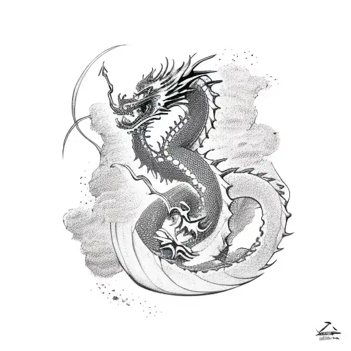 Dragon Emerging From A Swirling Wave With A Samurai Sword