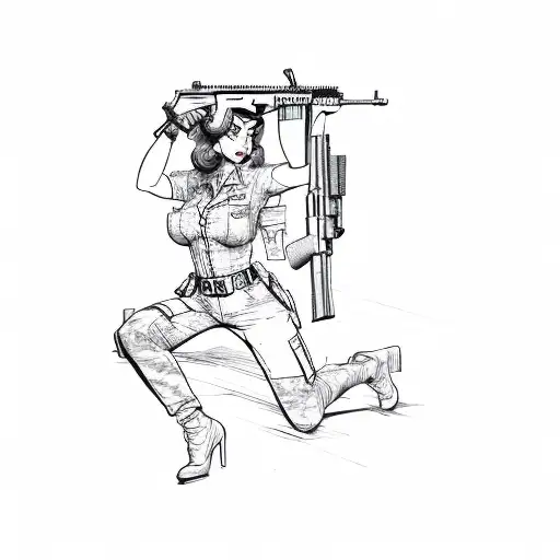 A Pinup Woman In Military Uniform Realistic Face With Modern M4 Assault Rifle