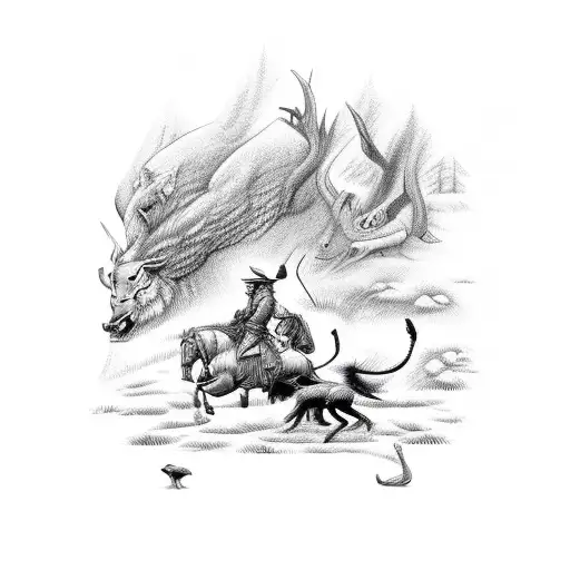 A Hunting Scene With Mythical Creatures In The Style Of Norse Tapestry