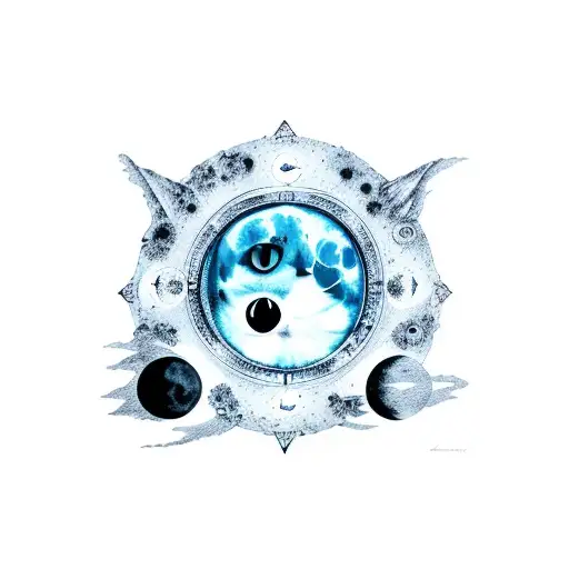 A Cat Silhouette Surrounded By Ethereal Moon Phases And Cat Eye Crystals