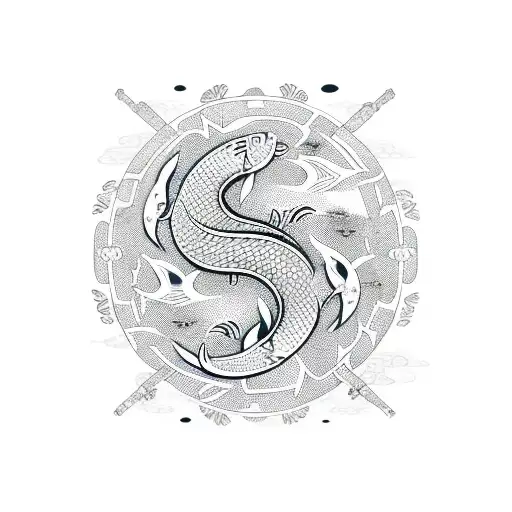 Traditional Japanese Koi Fish Surrounded By Polynesian Tribal Symbols