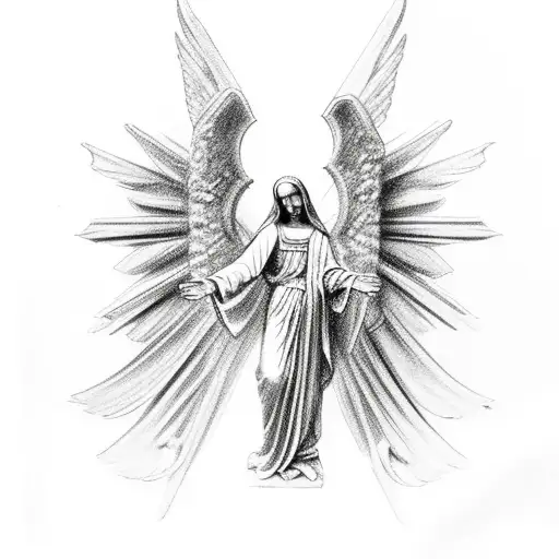 God In Virgin Mary Arms With Kneeled Arc Angels Under Them Tattoo