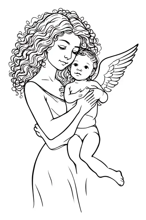Simple Curly Hair Mom Holding Baby Angel Tattoo