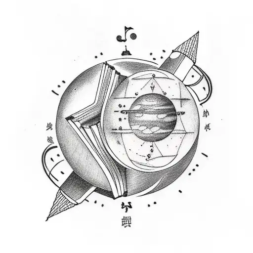 Traditional Style Tattoo Of A Book With Planets And Musical Notes As Pages