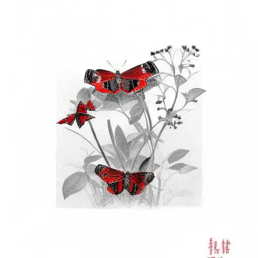 Red Butterfly With Black Flowers