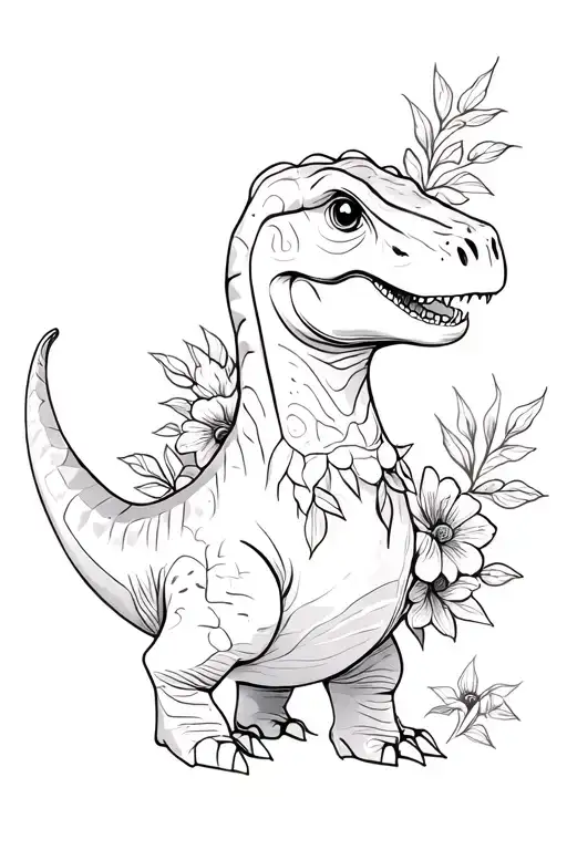 Cute Dinosaur And Flowers