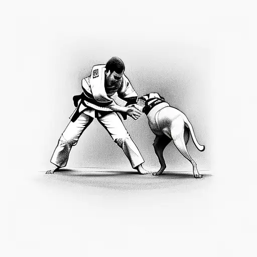 A Judo Practitioner Grappling With A Dog In A Sketch Style