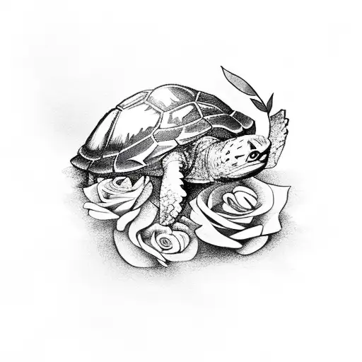 A Realistic Turtle And Eagle Surrounded By Roses