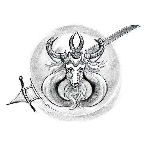 A Black And Grey Sketch Of A Mythical Capricorn Wielding A Medieval Sword