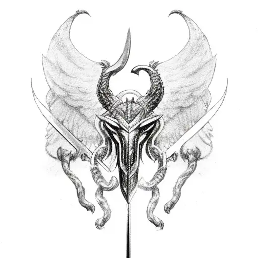 A Black And Grey Sketch Of A Medieval Sword Piercing Through The Body Of A Mythical Creature