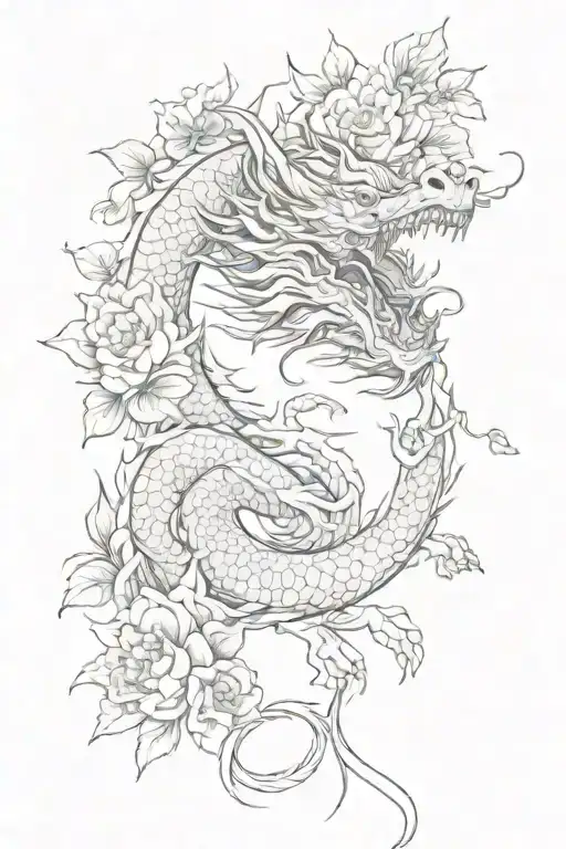 Japanese Dragon With Flowers