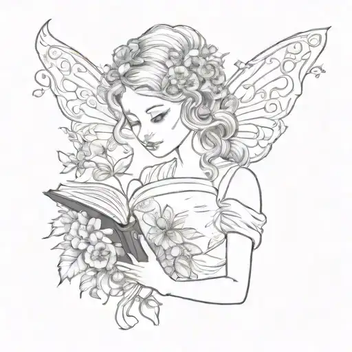 Fairy Reading Book Surrounded By Bold Floral Lady Profile Reading