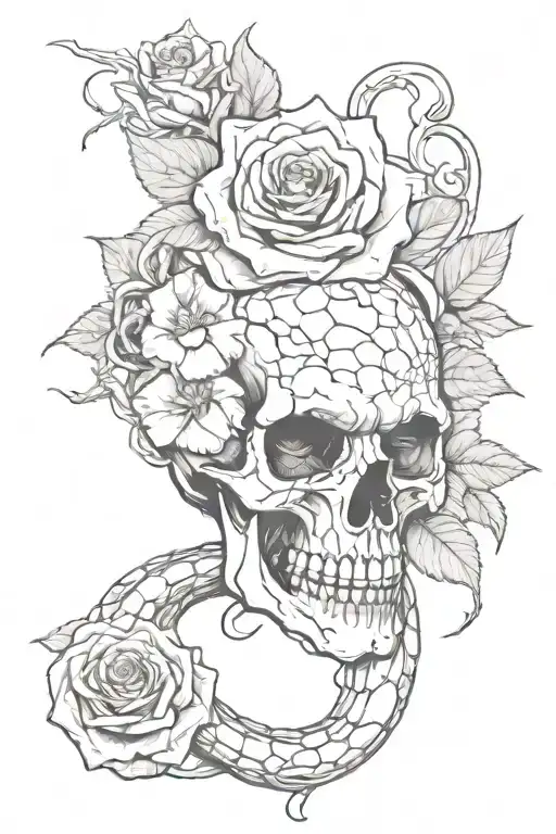 Cracked Skull With A Snake In Its Mouth And A Rose In One Ofnthe Eyes With Vampire Teeth