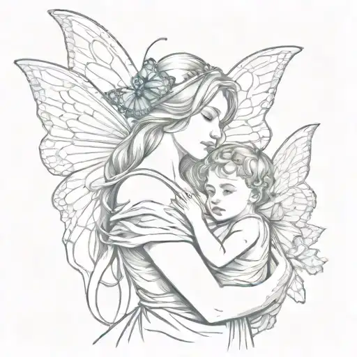 A Butterfly Landing On The Shoulder Of An Angel Holding A Mother And Son In A Sketch Style