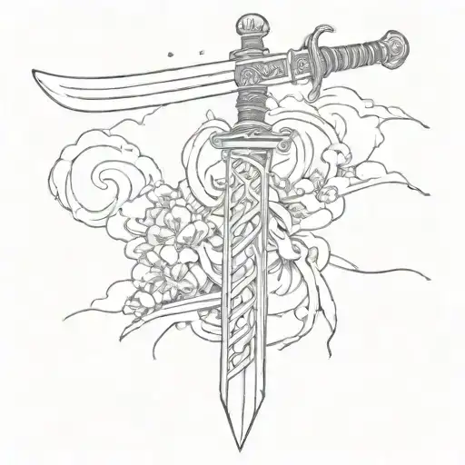 A Sketch Style Tattoo Of A Majestic Japanese Sword With Intricate Details