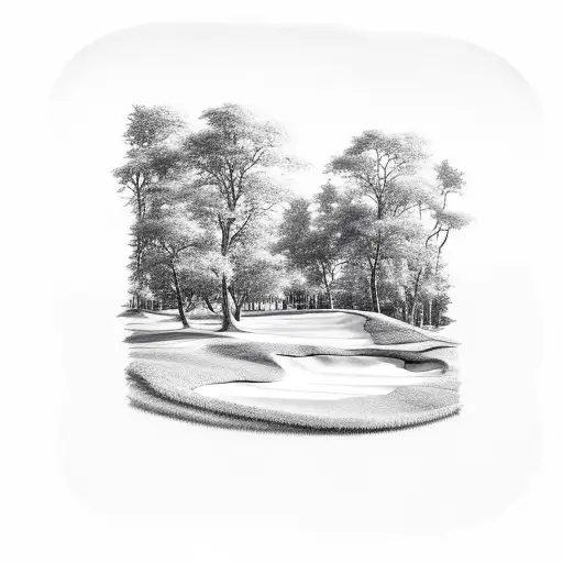 An Intricate Sketch Of A Golf Course Landscape With Numbers Subtly Incorporated Into The Scenery
