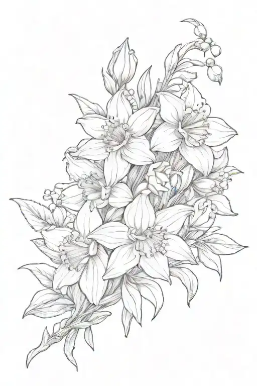 Sketch Daffodil Sweat Pea Poppy Honeysuckle Chrysanthemum Lily Of The Valley Flower Bouquet