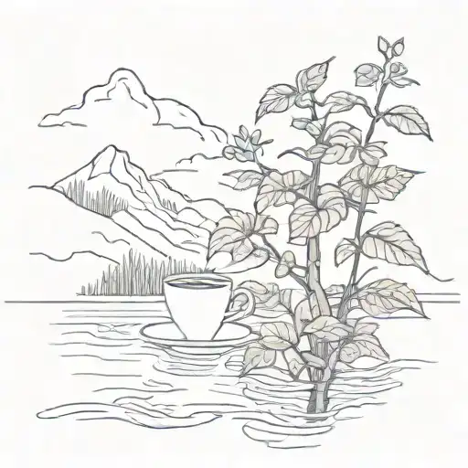 A Sketch Of A Coffee Plant Growing On A Mountain Overlooking A Serene Lake