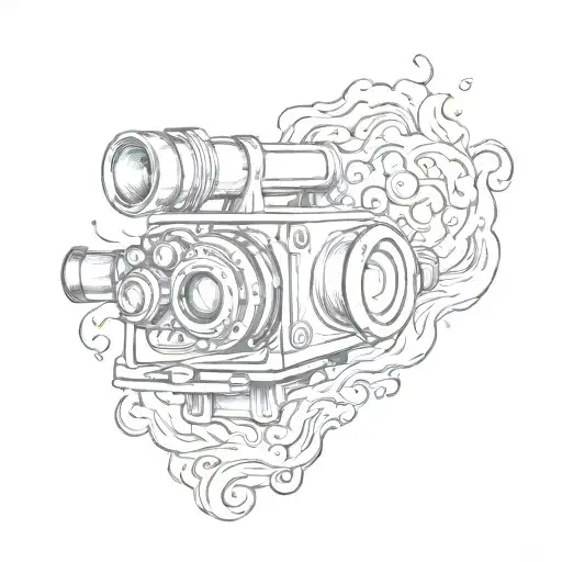 A Sketch Style Tattoo Of A Movie Camera Surrounded By Swirling Ocean Waves