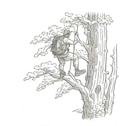 A Sketch Tattoo Of A Hiker Climbing A Tree In A Lush Forest Landscape