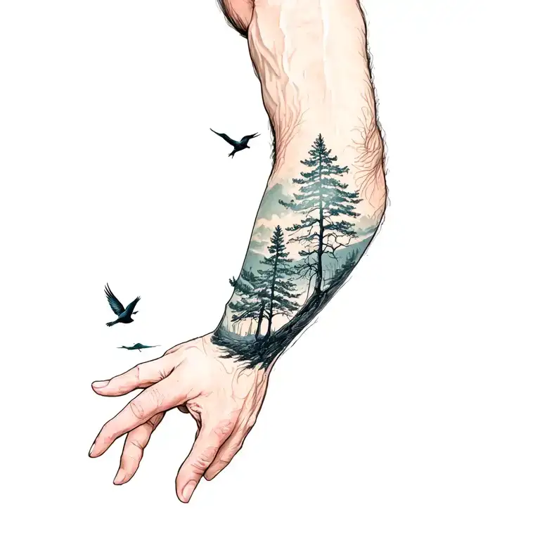 A Man's Forearm With Trees And Birds On It