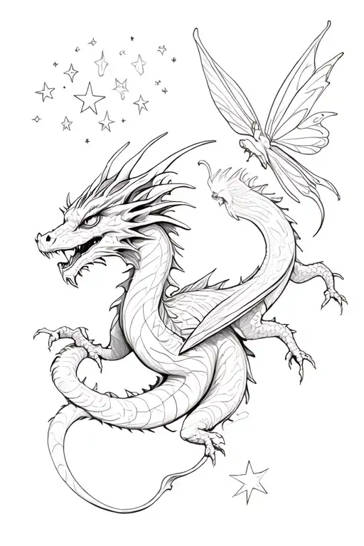 Dragon And Fairies Flying With Stars