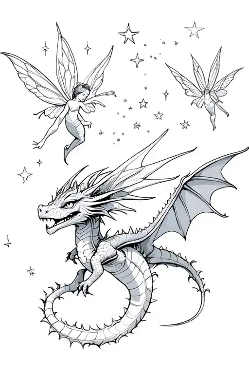 Little Dragon And Fairies Flying With Stars