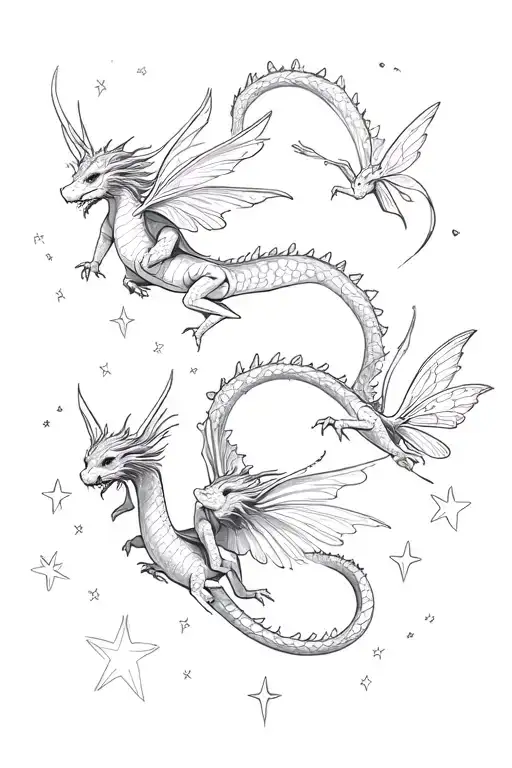 Multiple Little Dragon And Fairies Flying With Stars