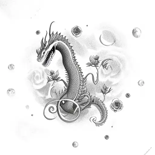 Long Dragon With Roses In Space
