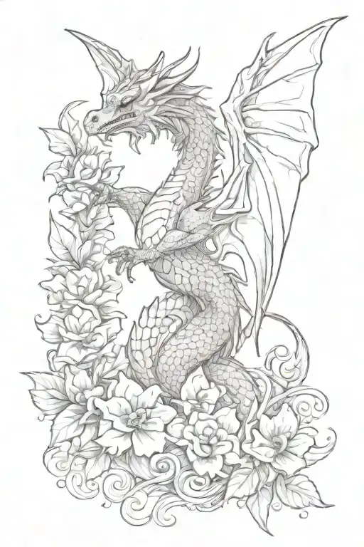 Dragon With Wings With Flowers Surrounding It For Thigh