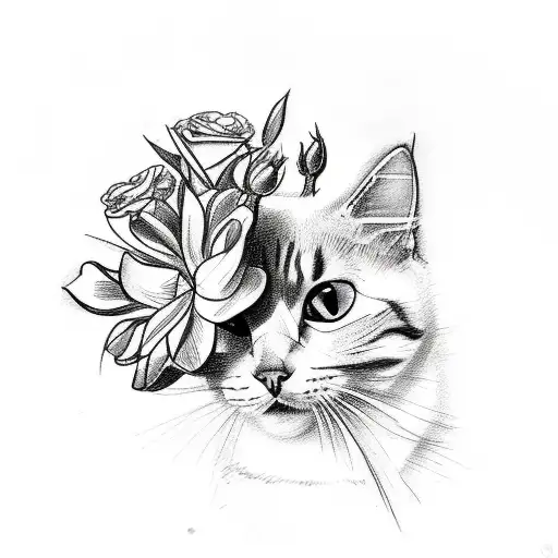 A Sketch-style Tattoo Of A Cat Sniffing A Bouquet Of Flowers