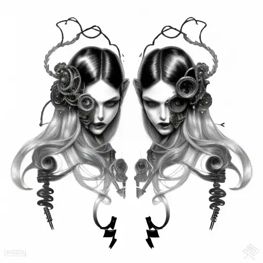 Goth Cyborg Gemini Sisters Hair Tangled Together Wide Composition
