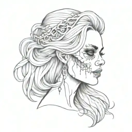 Skull Of Lady Head With Long Hair On One Side Other Side Lady Face