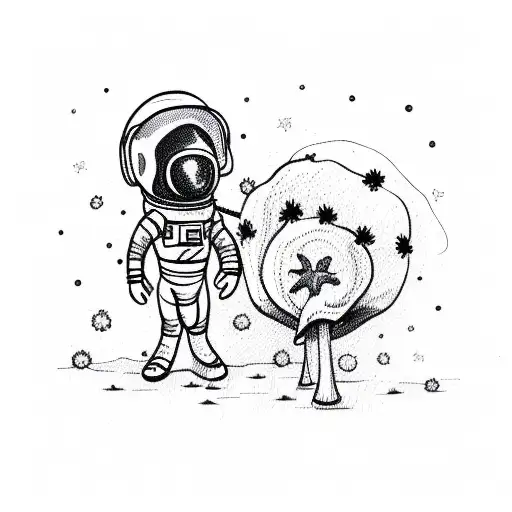 A Sketch Of An Astronaut Holding A Mushroom Bouquet With Stars In The Background
