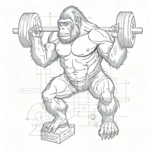 A Sketch Tattoo Of A Gorilla Lifting Weights With Engineering Blueprints In The Background