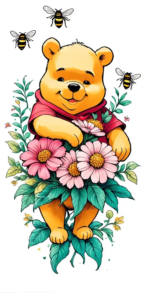 Winnie The Pooh With Bees And Flowers